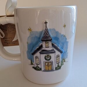 Magenta White Mug with Church and Blue Sky Design